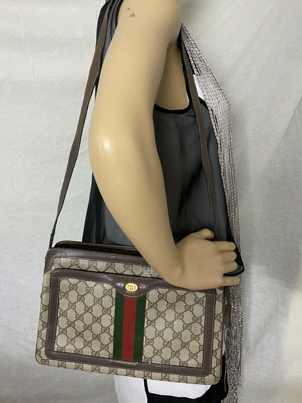 GUCCI Vintage  Brown Canvas/  Leather Shoulder Bag W Adjustable Strap