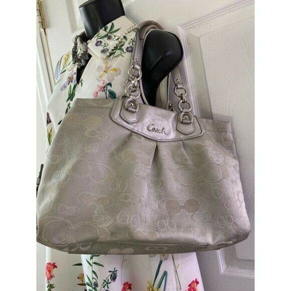 COACH Large Silver Jacquard Fabric Tote Bag