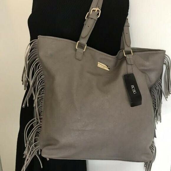 BCBG Fringe Tote Gray Faux Leather Shoulder Bag