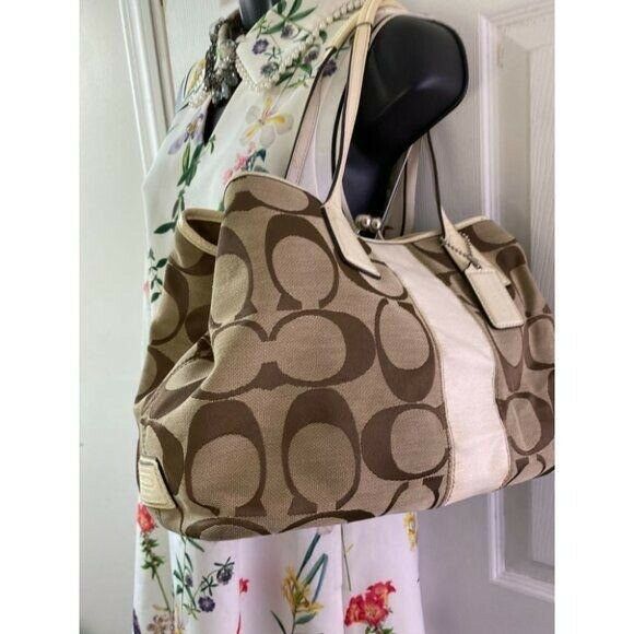 COACH Large Tan Brown Jacquard Fabric Tote Bag