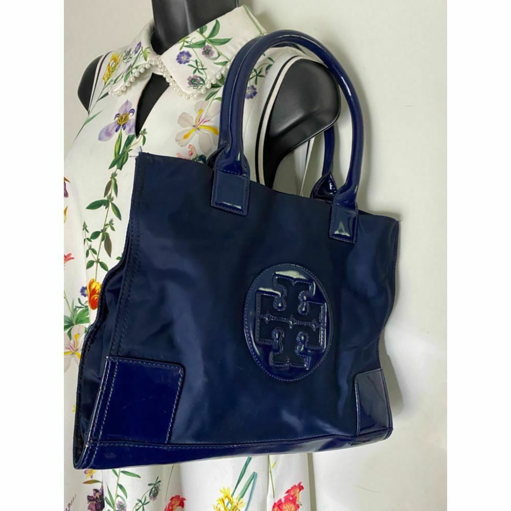 TORY BURCH Navy Nylon Medium Tote w/ Patent Logo