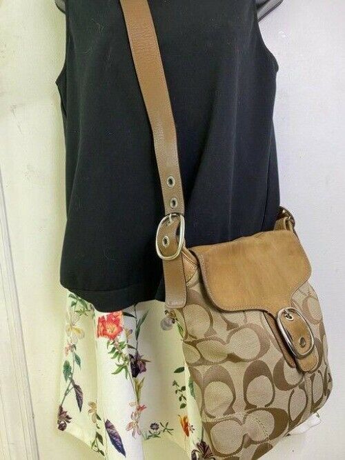 coach beige brown jacquard fabric cross body bag
