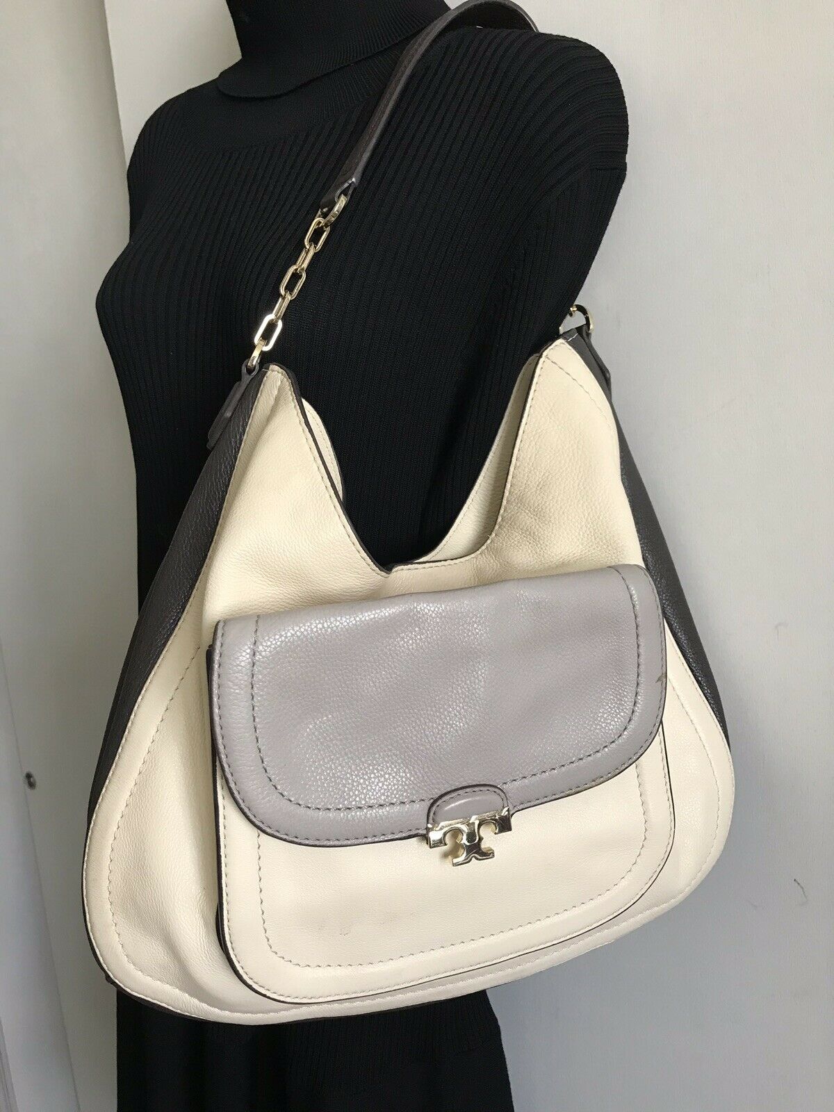 TORY BURCH Grey/ Beige Leather Hobo Bag