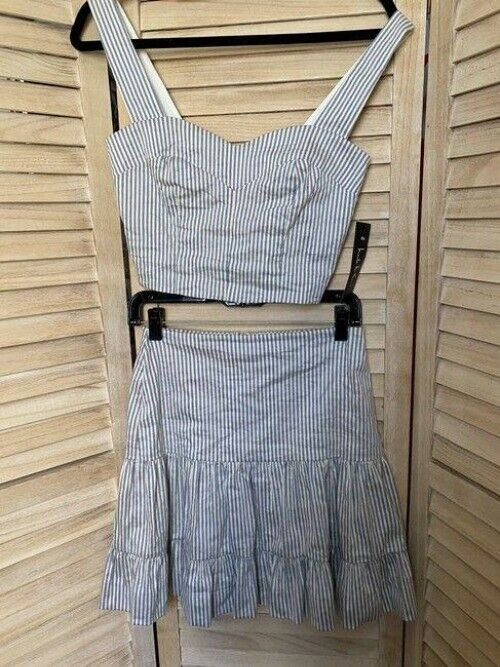 Nicole Miller blue white new stripe cotton crop two piece set msrp