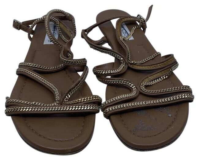 Jimmy Choo Brown Nickel Flat Tan Leather With Chain Sandals Size Eu