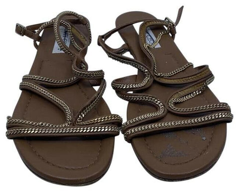 Jimmy Choo Brown Nickel Flat Tan Leather With Chain Sandals Size Eu