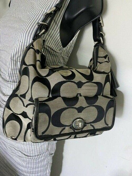 Coach Medium Msrp Black Beige Jacquard Fabric Shoulder Bag