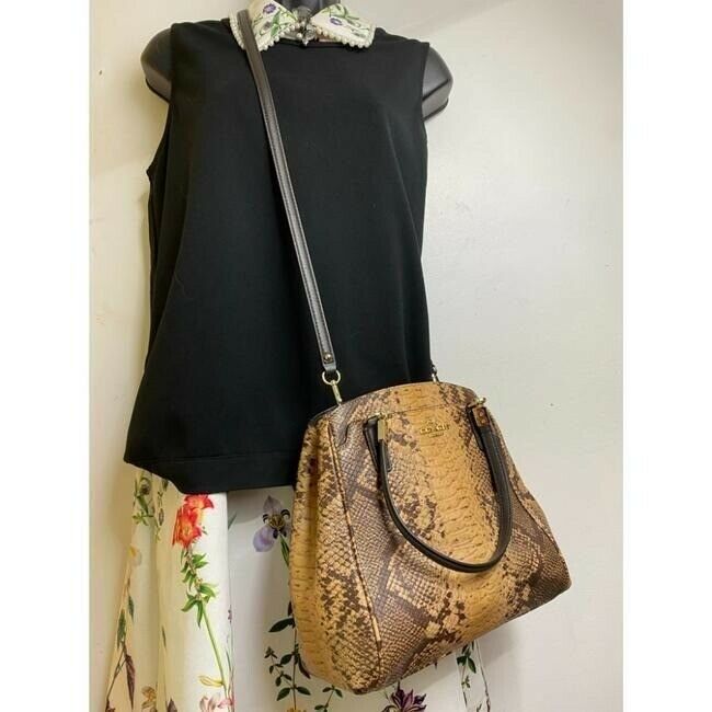 coach snake embossed print handbag beige brown leather cross body bag