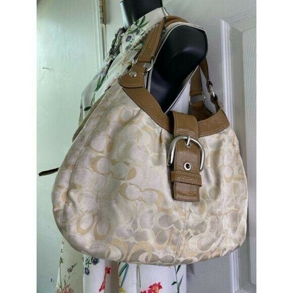 COACH Large White Tan Jacquard Fabric Tote Bag