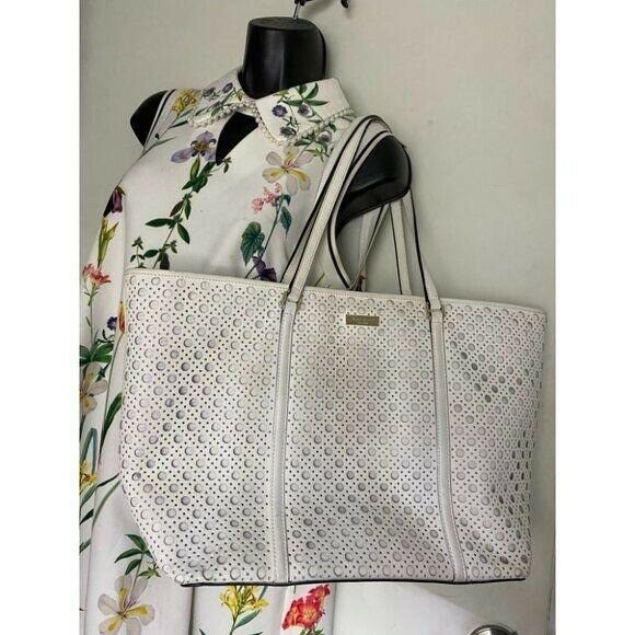 KATE SPADE XL White Leather Laser Cut Tote Bag