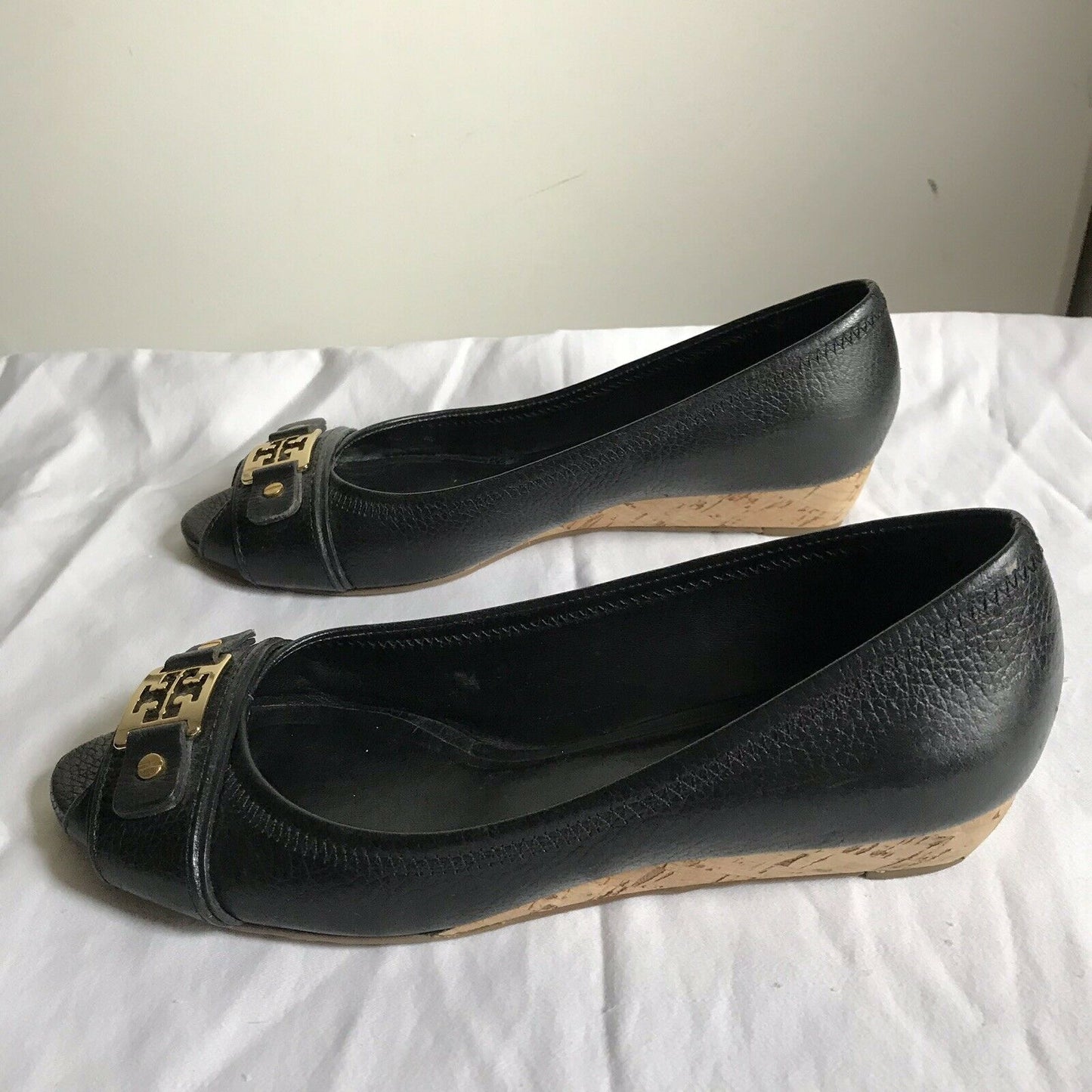 TORY BURCH Black Peep Toe Wedge Sz 8