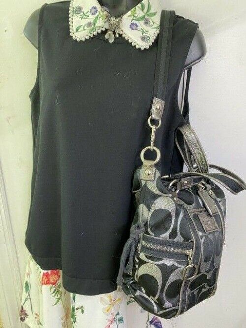 coach bag silver black fabric tote