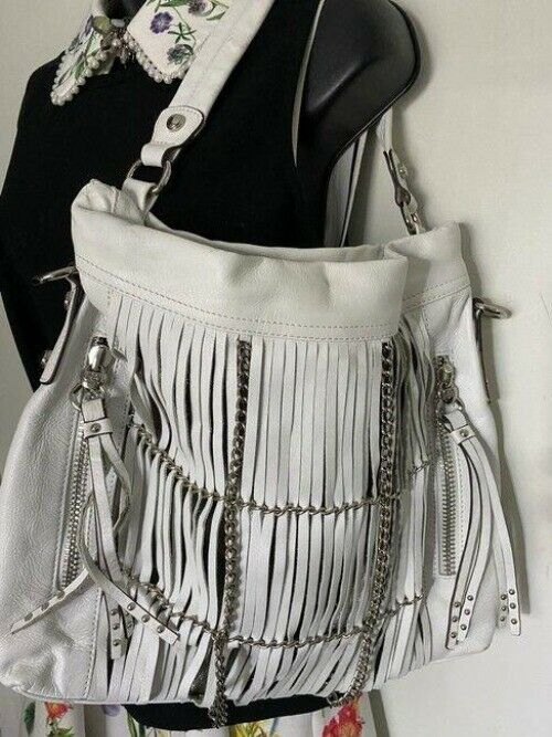 b makowsky zipper front large white leather shoulder bag