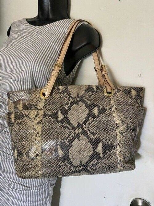 michael kors bag snake print beige black leather tote