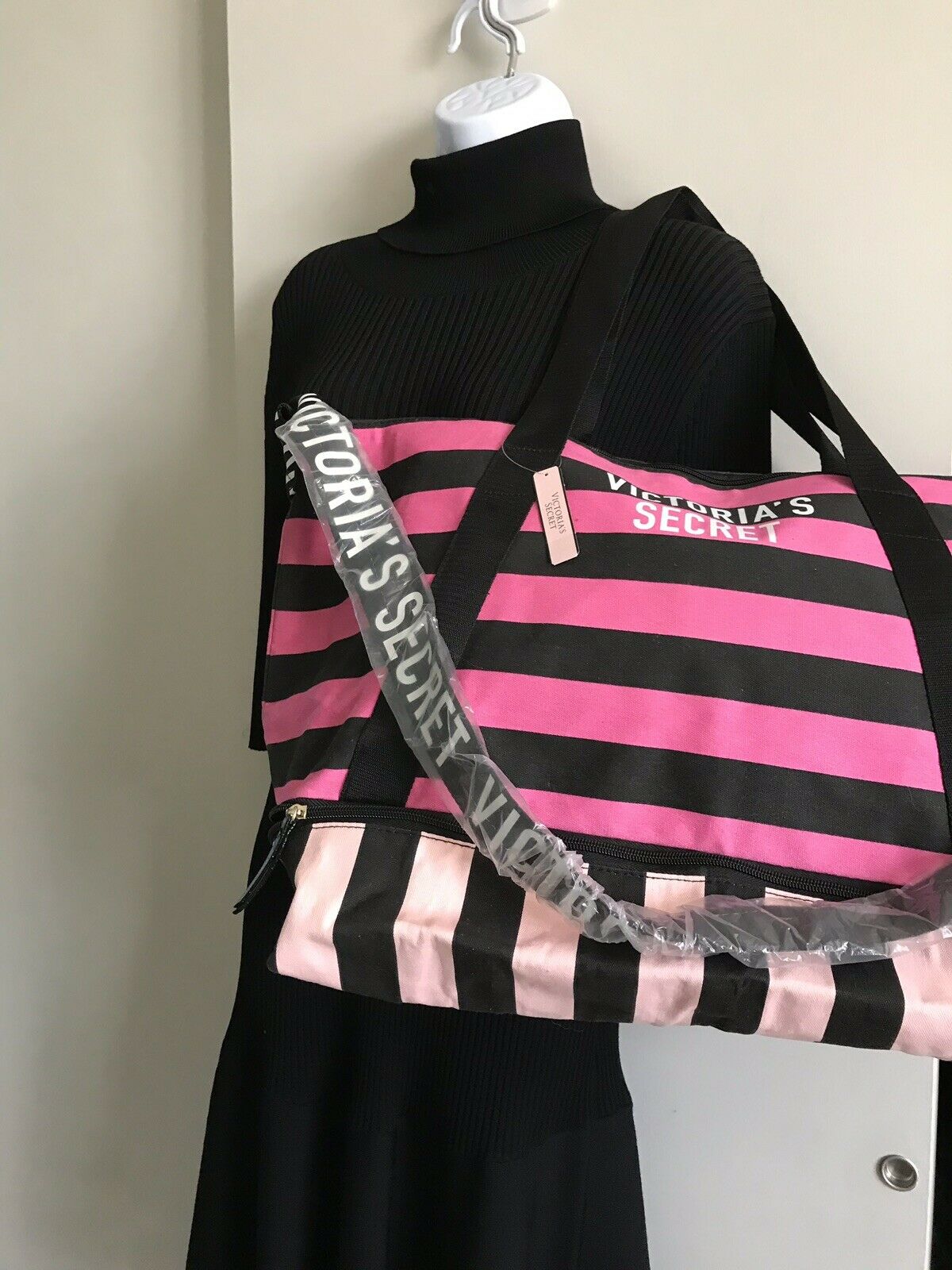 Victoria’s Secret XL Pink/Black Striped Tote Weekender Bag