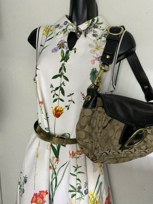 coach medium material tan black fabric shoulder bag