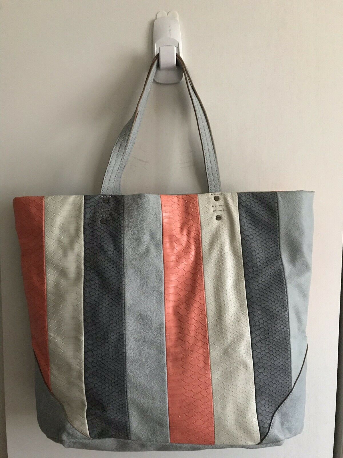 RACHEL ROY Extra Large Faux Leather Blue/Grey/Coral Tote
