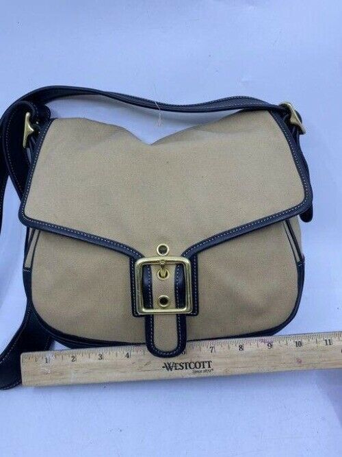 coach fabric canvas medium tan black canvas leather cross body bag