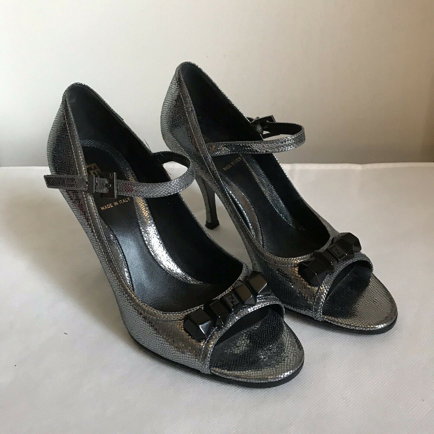 FENDI Pewter High Heel Peep Toe 37