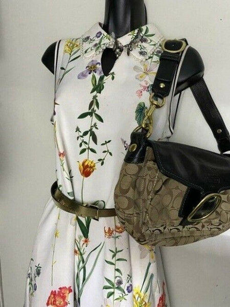 coach medium material tan black fabric shoulder bag