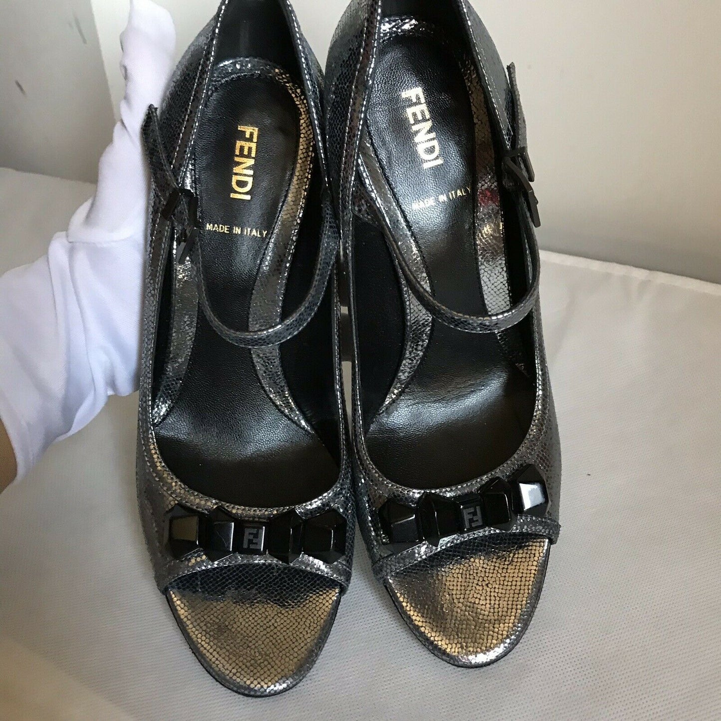 FENDI Pewter High Heel Peep Toe 37