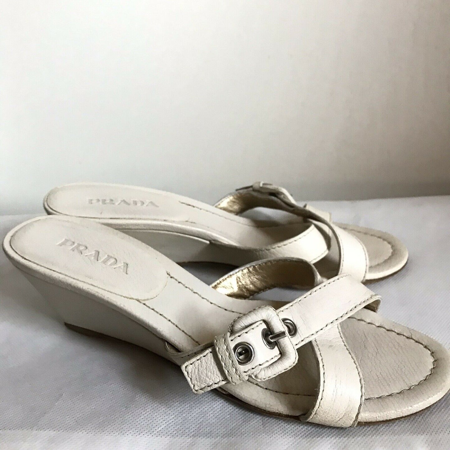 PRADA White Leather Wedge Sandals