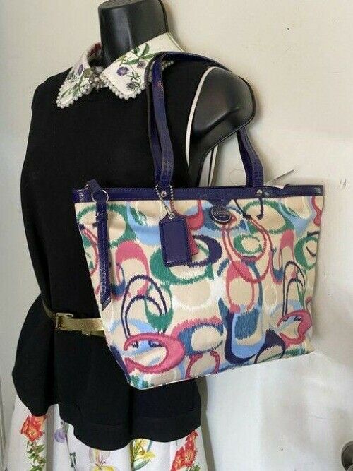 coach bag blue beige pink green fabric tote