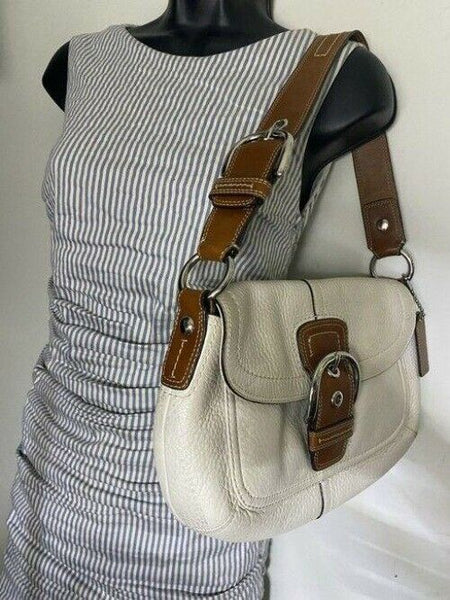 coach medium bag handbag white brown leather shoulder bag