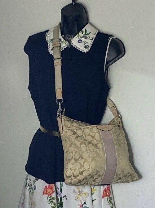 coach medium size beige tan jacquard fabric cross body bag