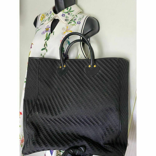 GUCCI XL Vintage Tote Bag Black Jacquard Fabric w/ Leather Trim