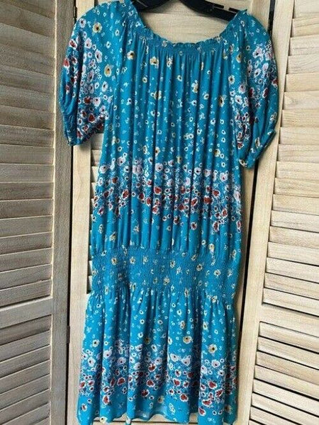 Nicole Miller Sky Blue New Floral Smocking Small Msrp Mid Length Short Casual Dr