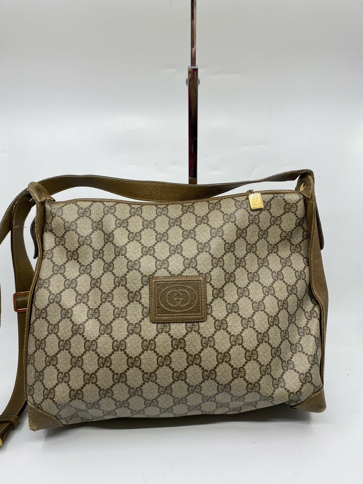 GUCCI Vintage Brown Coated Canvas/ Leather Shoulder Bag