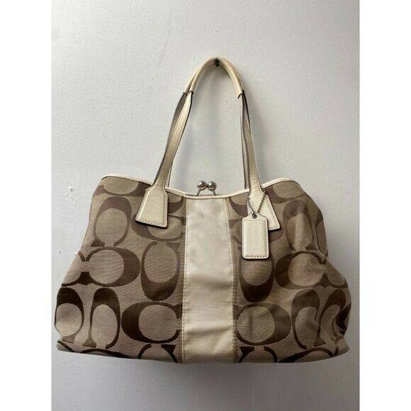 COACH Large Tan Brown Jacquard Fabric Tote Bag