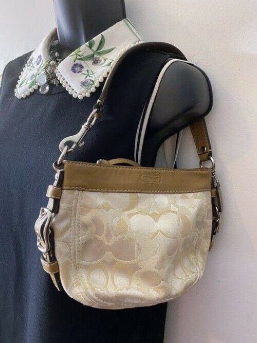 coach mini bag tan silver fabric tote