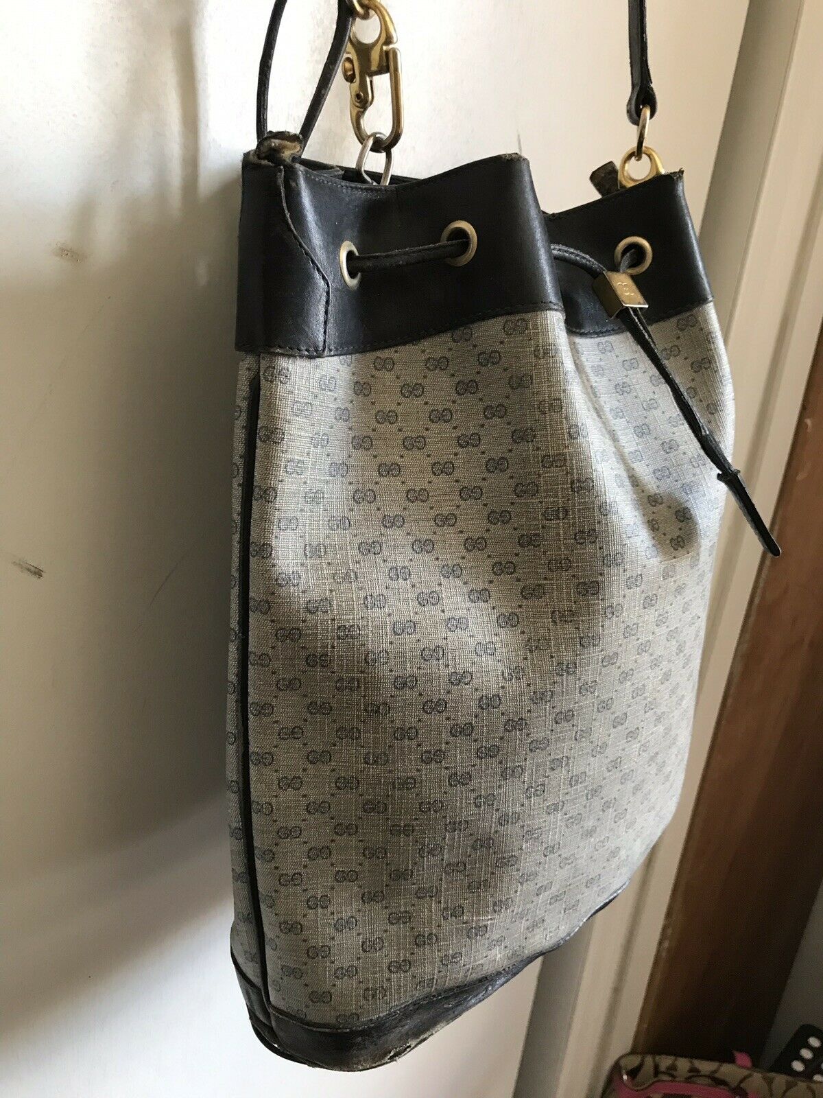 Gucci Vintage Large Navy Bucket Drawstring Monogram Logo Bag