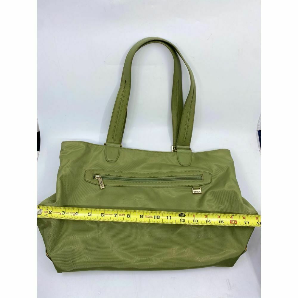 TUMI Green Nylon Tote Bag Large Size w/ Leather Trim Good Condition