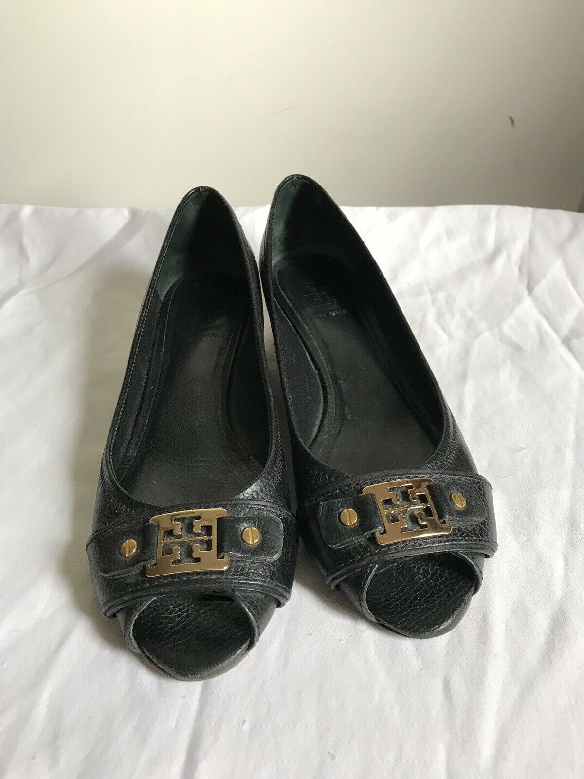 TORY BURCH Black Peep Toe Wedge Sz 8