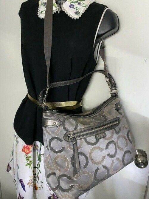 coach medium size silver gray jacquard fabric cross body bag