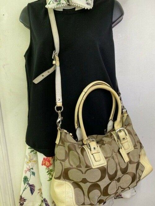 coach bag cream black fabric tote