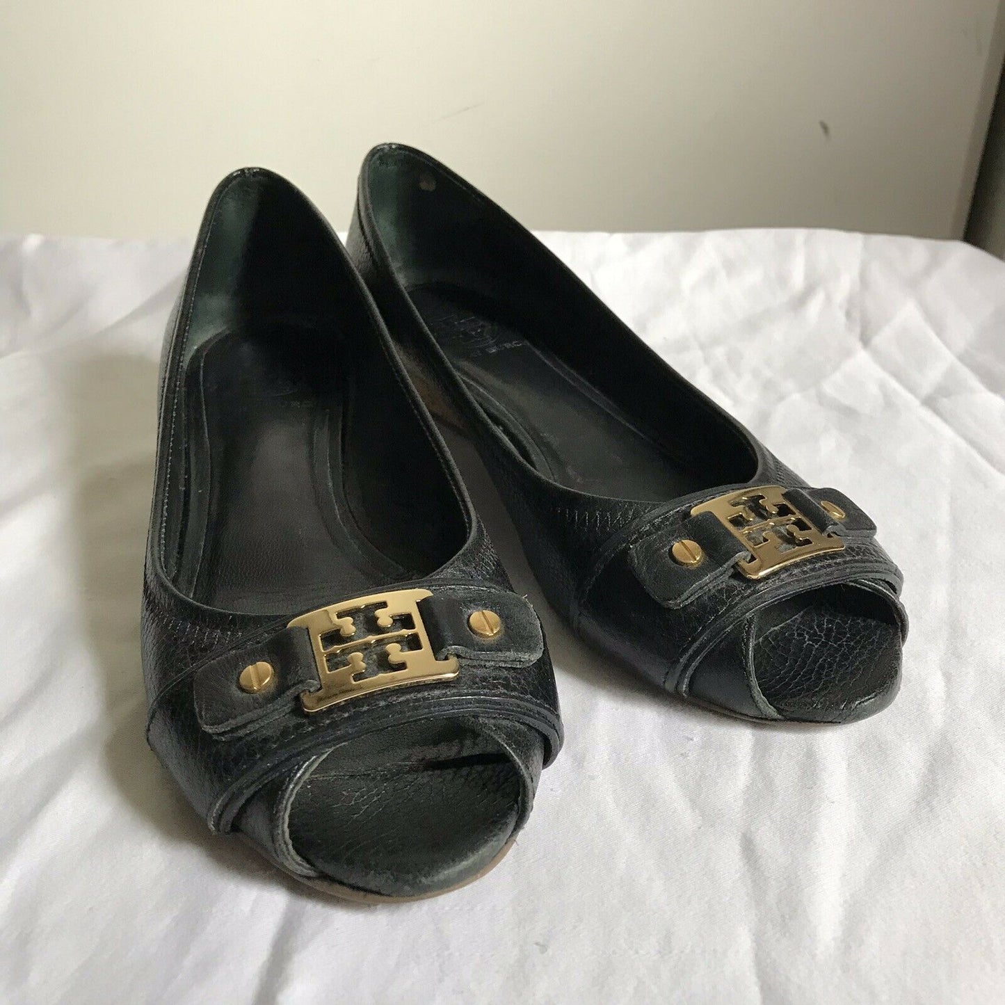 TORY BURCH Black Peep Toe Wedge Sz 8