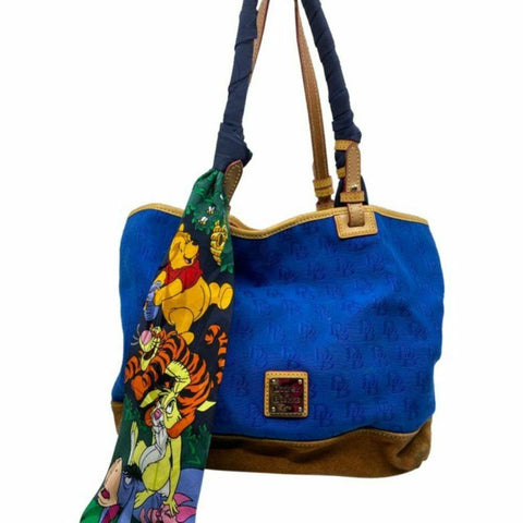 Dooney & BOURKE Blue Brown Large Fabric Tote Bag w/ Detachable Tie Sash