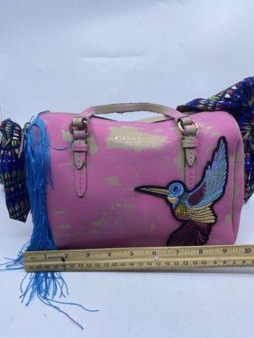 Coach w hand shoulder customized by me w applique street pink tan shoulder bag