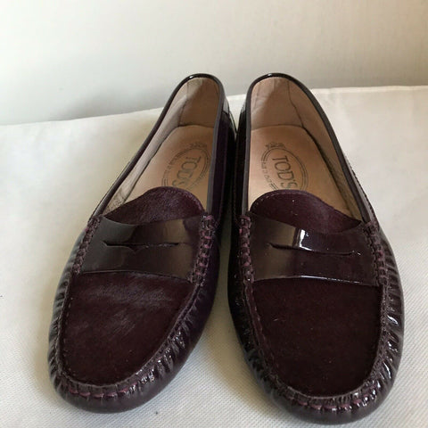 TOD’s Burgundy Pony Hair And Patent Loafers Size 36