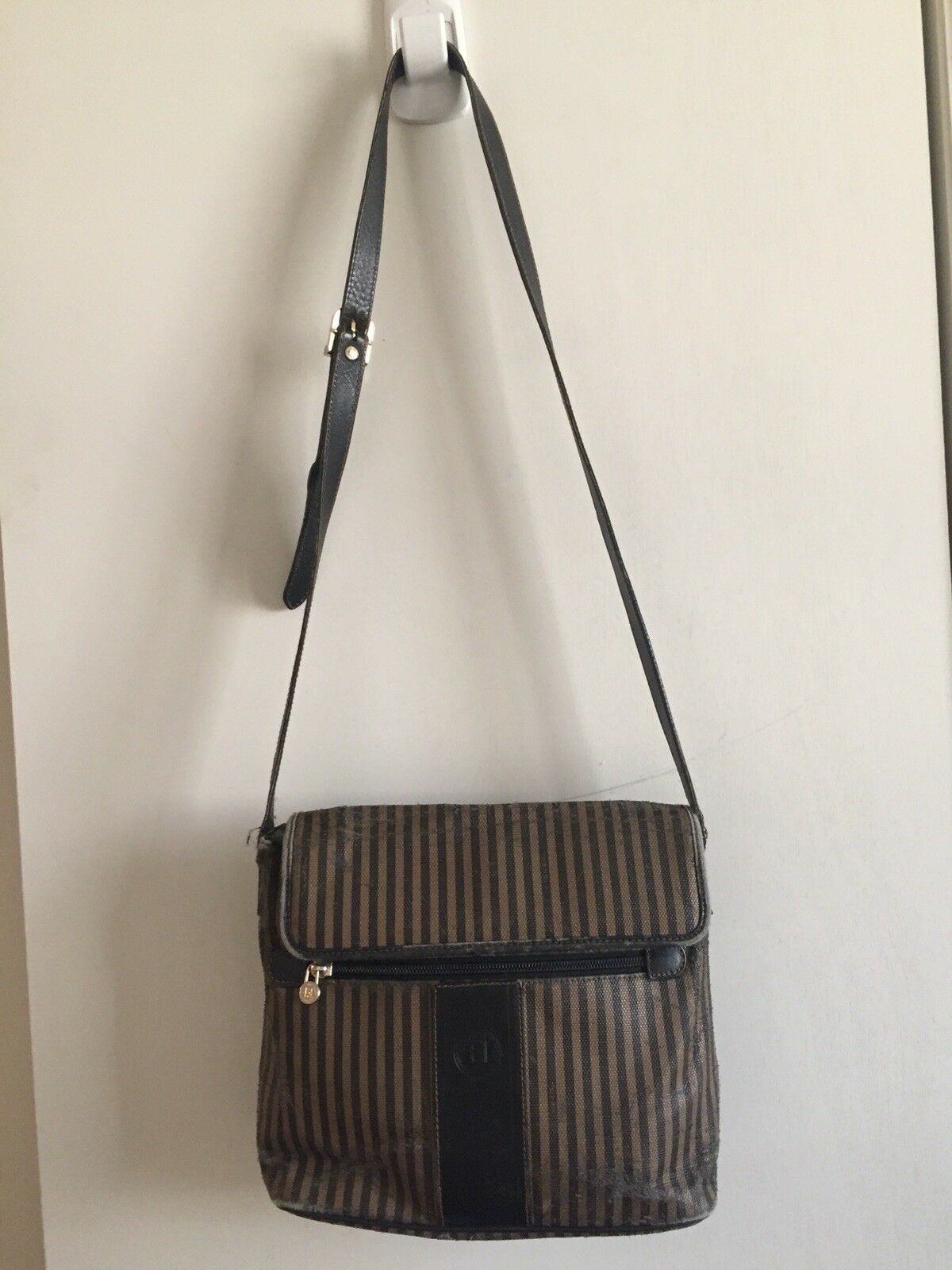 Vintage FENDI Brown/ Mahogany Stripe Flap Crossbody Bag