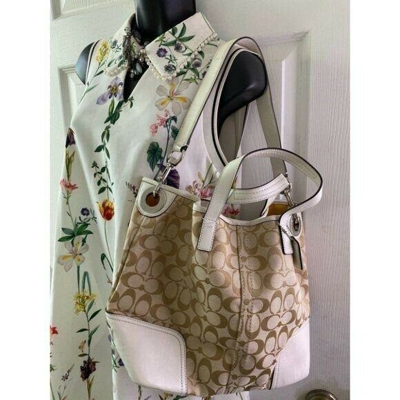 NWT Coach Tan White Fabric Tote Bag MSRP $328