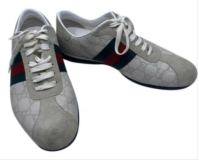 Gucci White Leather Gg Lace Up Redgreen Stripe White Sneakers Size Us