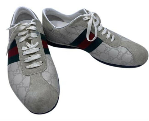 Gucci White Leather Gg Lace Up Redgreen Stripe White Sneakers Size Us