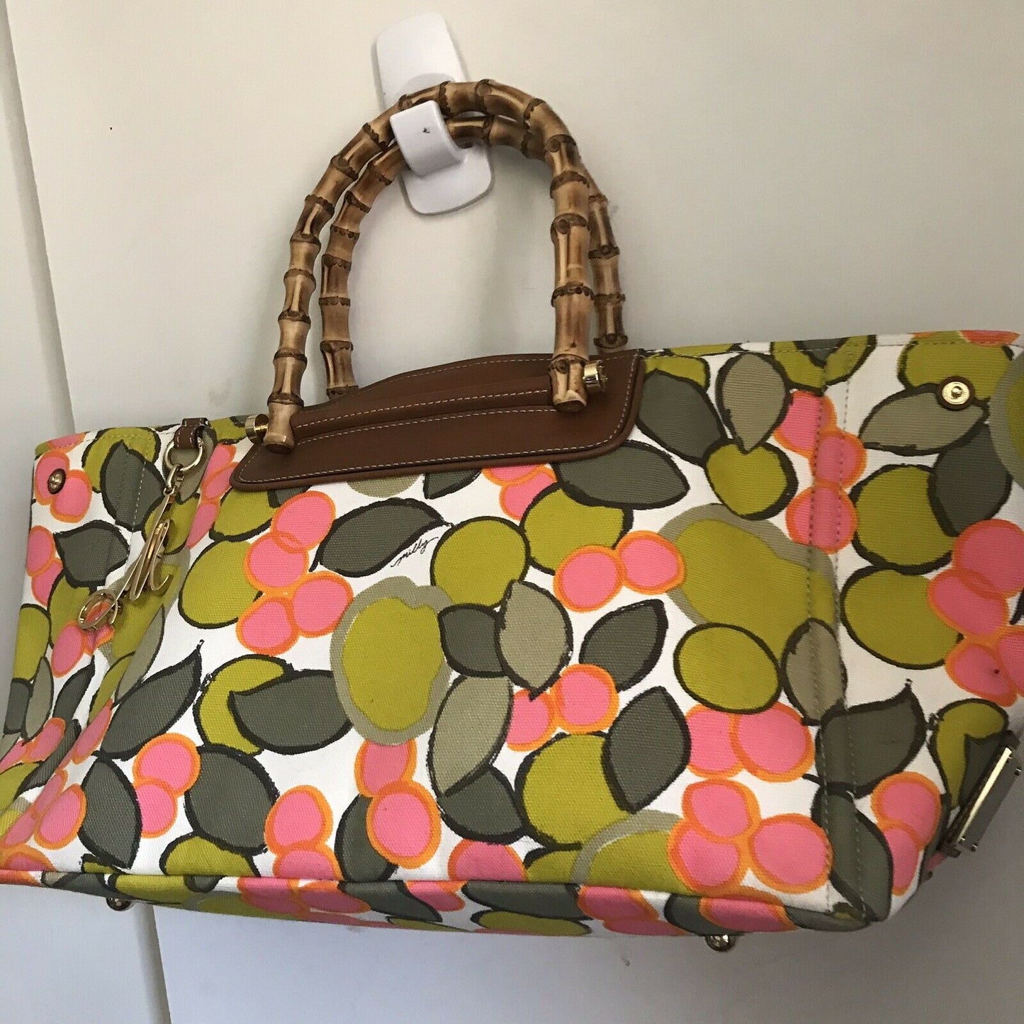 MILLY XL Printed Canvas Tote With Bamboo Handle