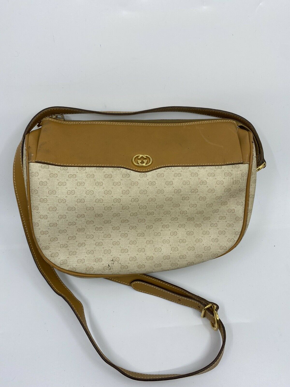 GUCCI Vintage Beige Coated Canvas/ Leather Crossbody