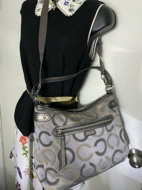 coach medium size silver gray jacquard fabric cross body bag